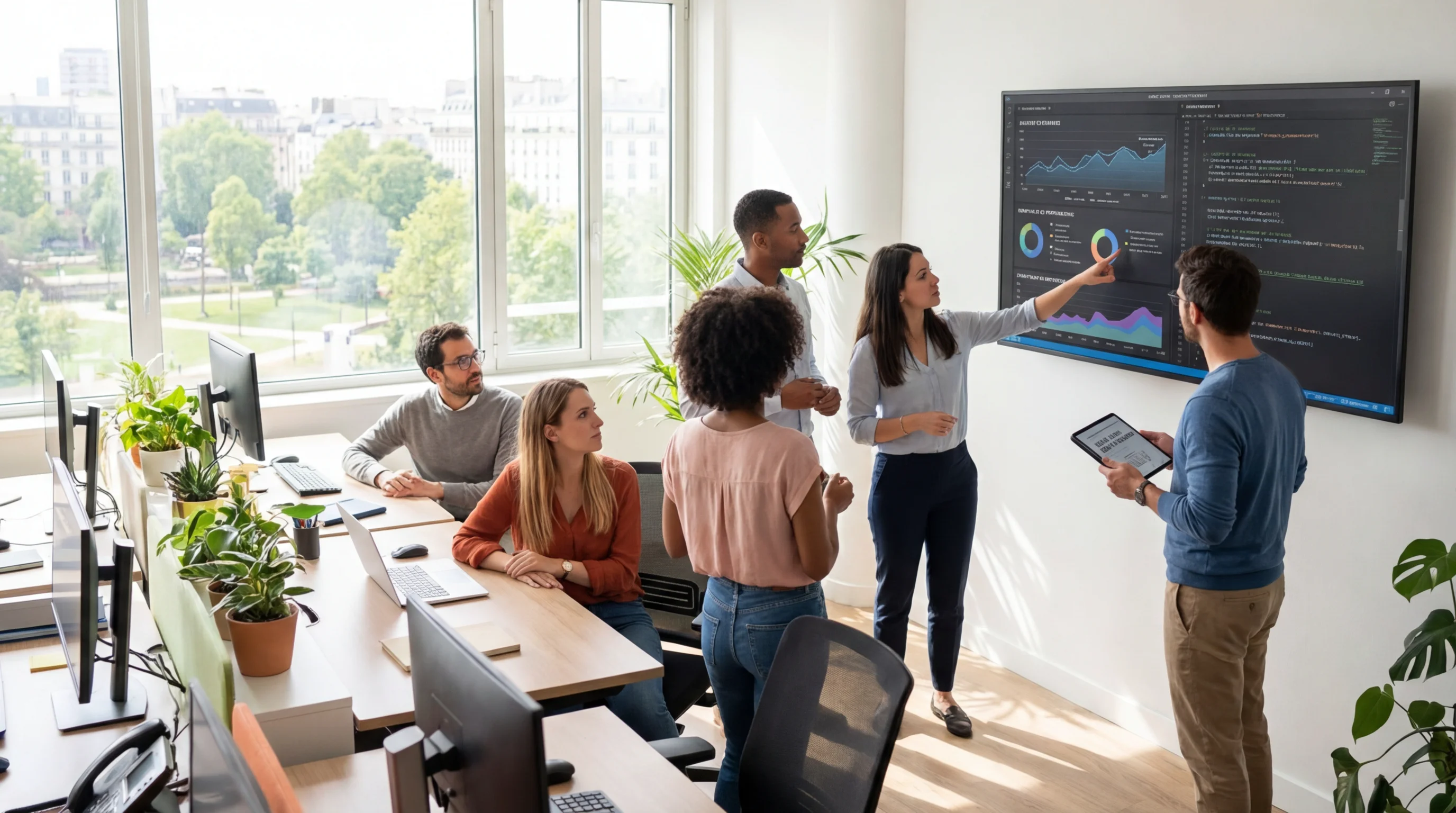 Tech team collaborating in a modern office