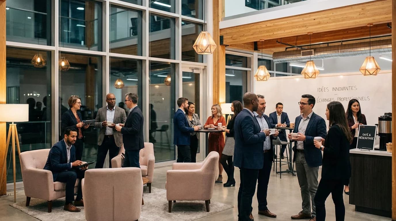 Professional networking event in a modern tech space, illustrating the hidden job market