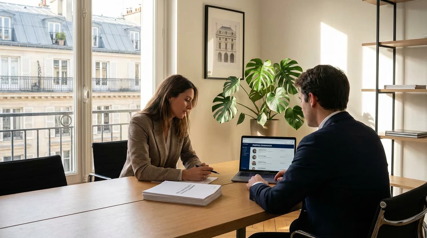 Consultant en recrutement analysant des profils candidats dans un bureau moderne
